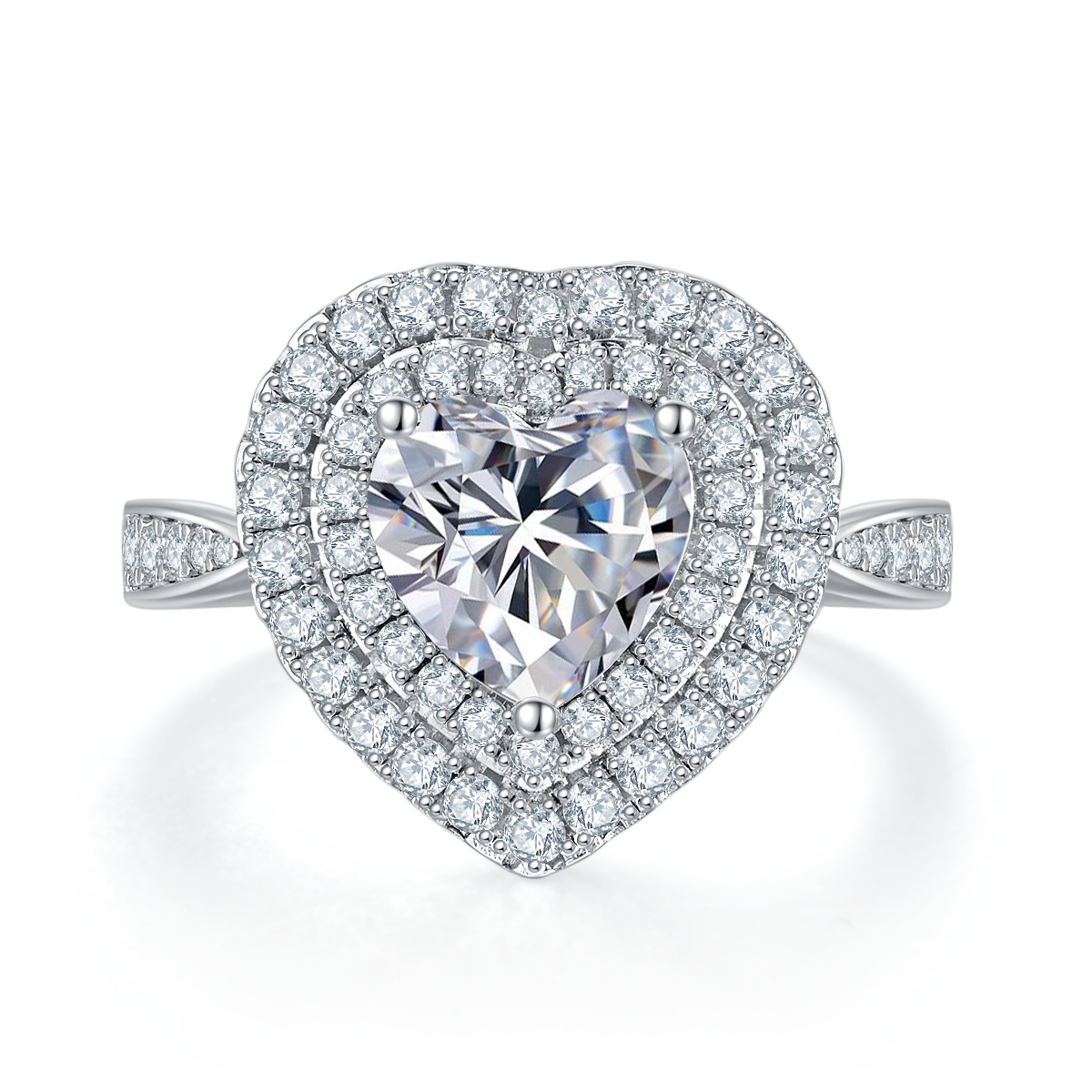 Exquisite heart-shaped S925 silver plated white gold moissanite diamond women's ring 2.0 carats D-grade